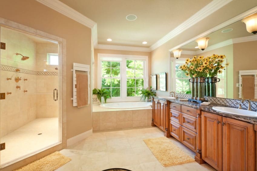 明亮的棕色主浴室设有一间步入式角落淋浴房、一个靠窗的落脚浴缸和一个带两个水槽的单台。