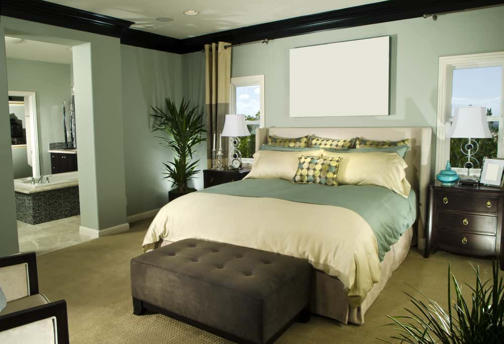 主卧室设有绿色墙壁和地毯地板。客房提供一张舒适的床以及带有浴缸的主浴室。