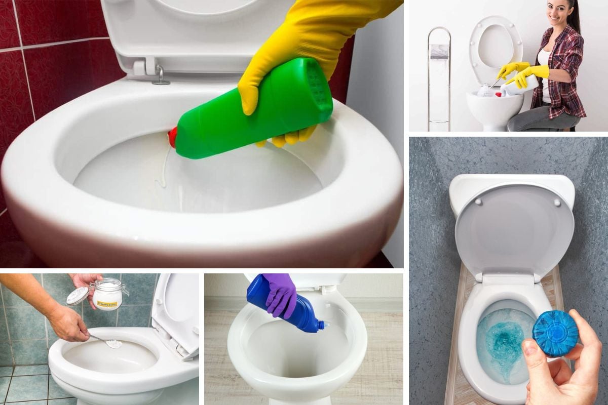 不同类型的厕所清洁剂的拼贴图。