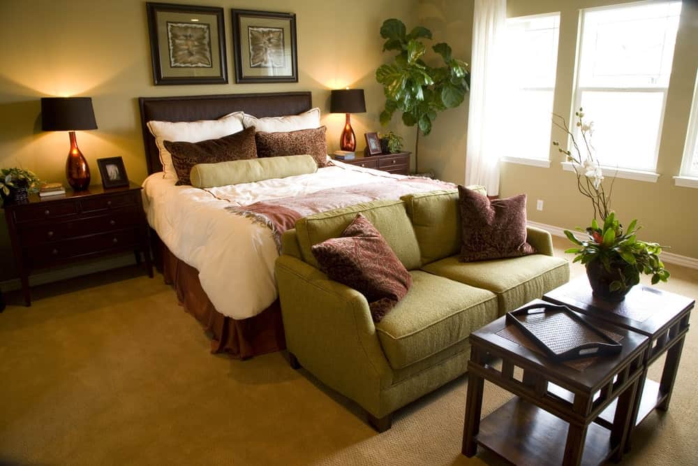 热带的卧室和一个棕色的床和绿色沙发搭配木质咖啡桌。它有地毯的地板和玻璃窗允许自然光线。