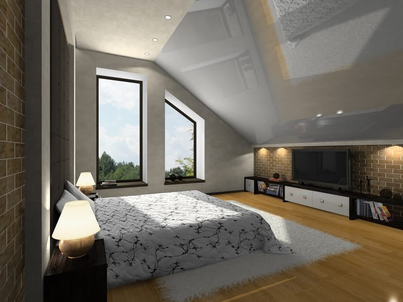 主卧室设有定制天花板和灰色墙壁。房间里有一张时尚舒适的床，还有玻璃窗。