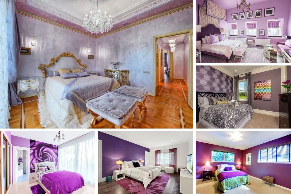 不同类型的紫色主卧室的拼贴画。