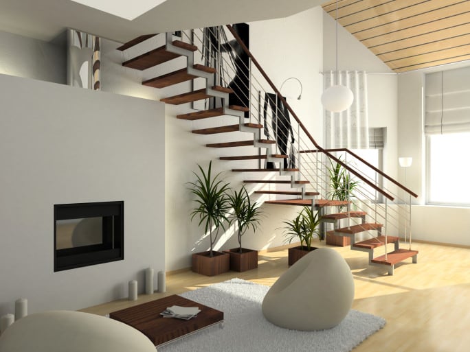 当代住宅拥有现代生活空间和时尚的四分之一旋转楼梯，配有硬木台阶，由白色吊灯照明。