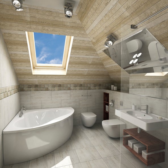小主浴室，木质墙壁和瓷砖地板。它在天窗下提供了一个独立的角落浴缸。还有一间步入式玻璃淋浴间。