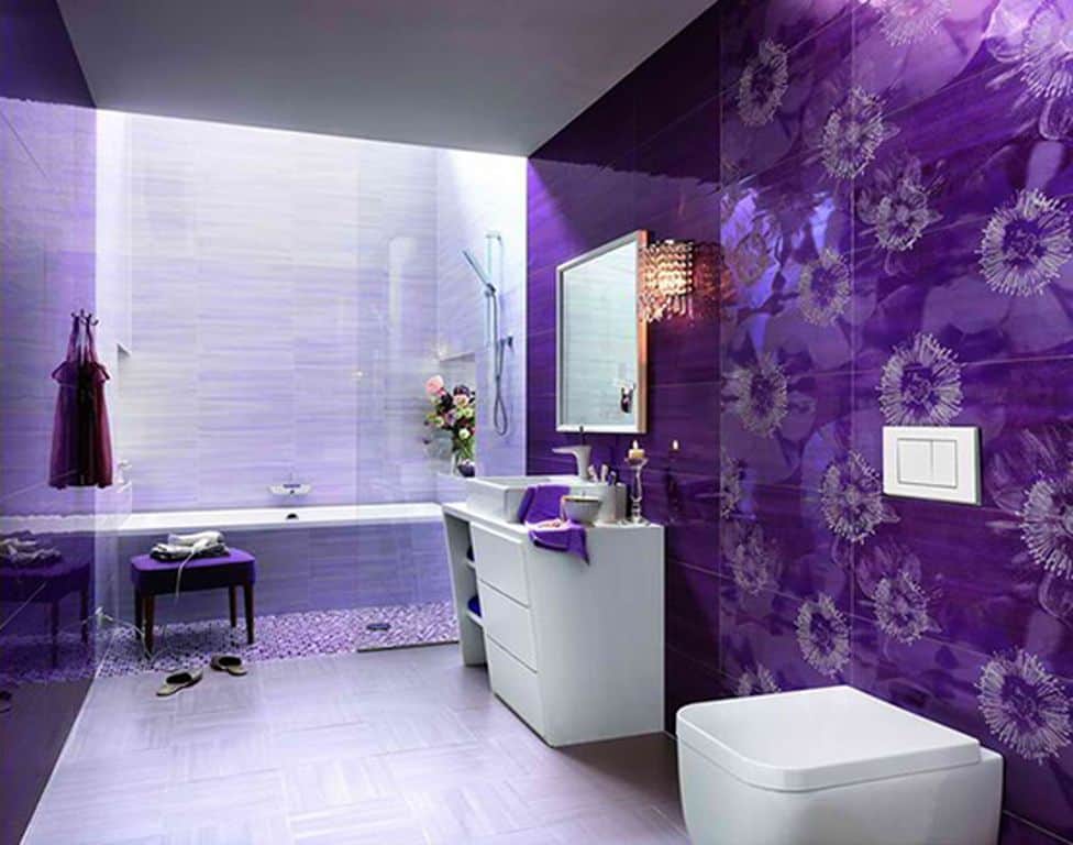 现代主浴室装饰的紫色的墙壁。它有一个时髦的单水槽计数器与船一起沉淋浴和浴缸组合。