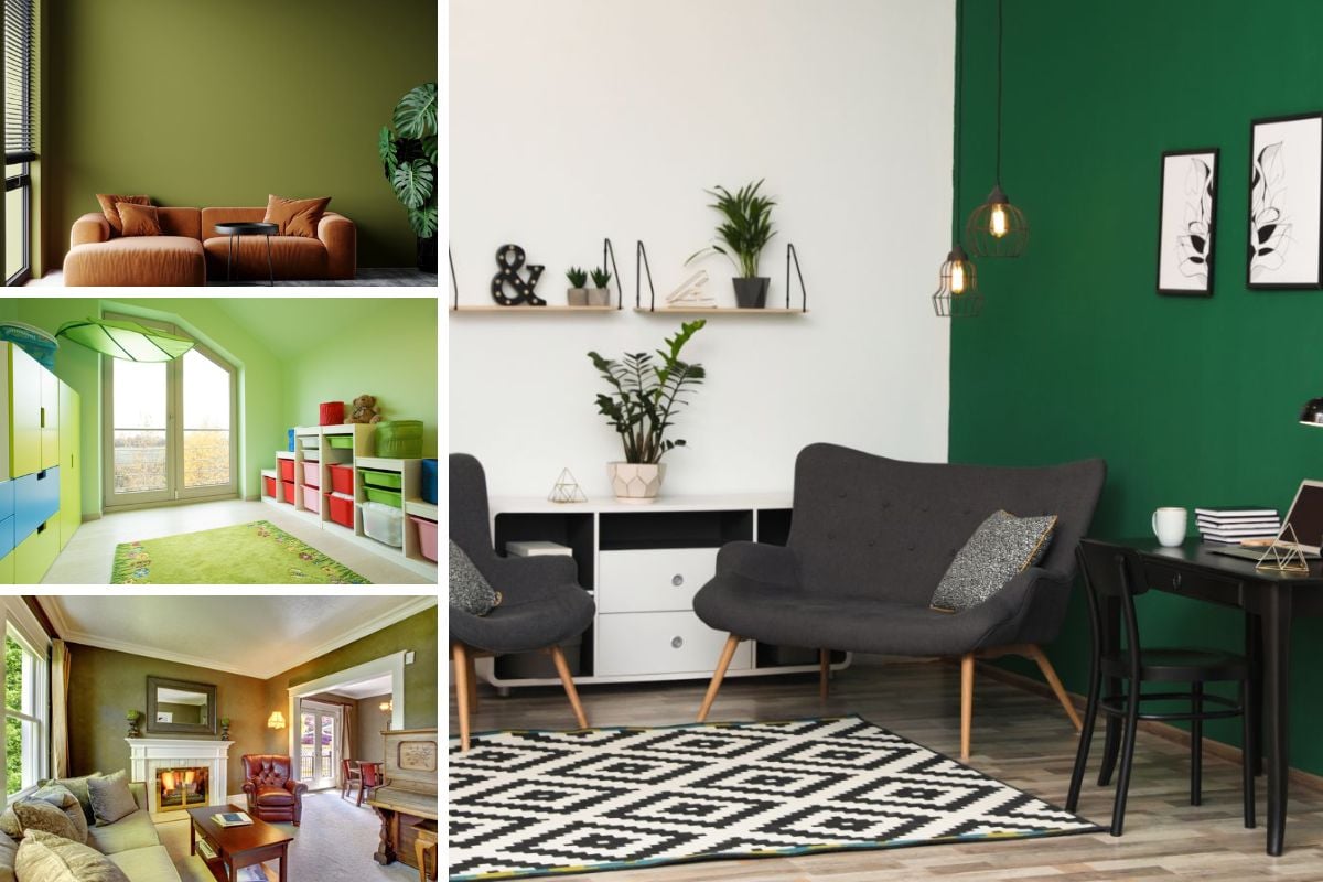 不同类型的绿色客厅拼贴画。