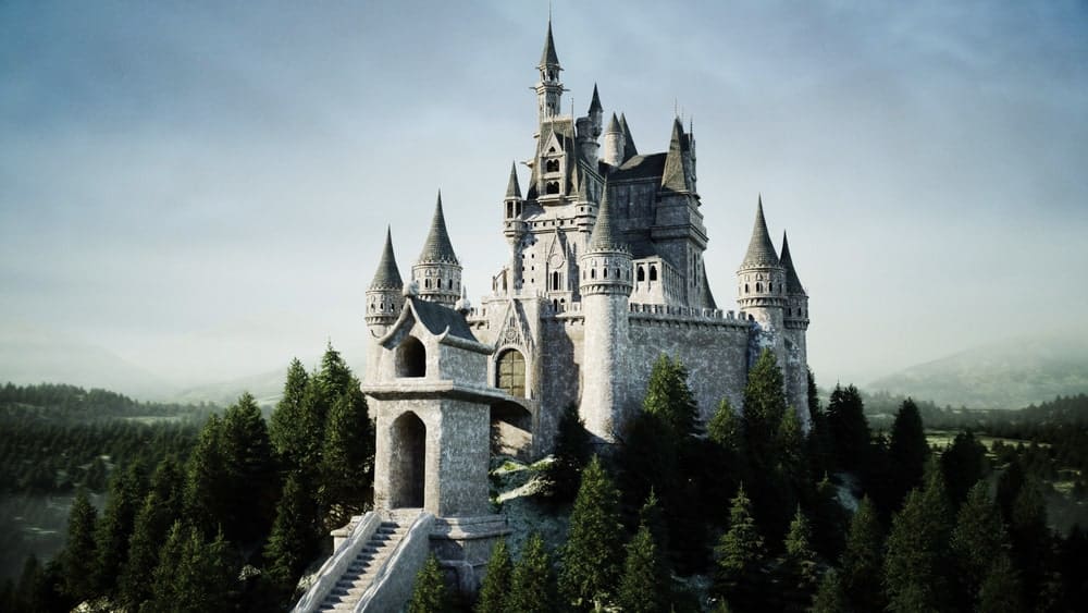 一个古老的童话般的城堡被华丽的环境包围着。