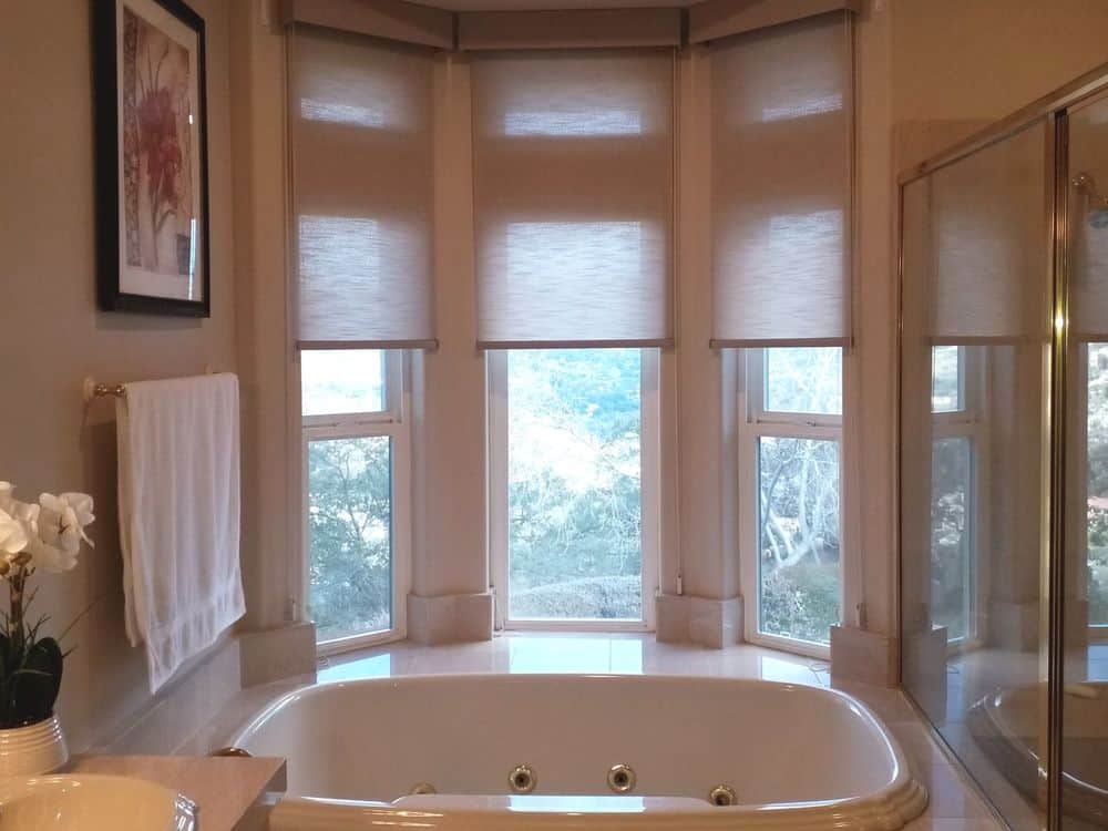 一间带步入式淋浴间的主浴室和一间靠窗、带卷帘的深浸浴缸。
