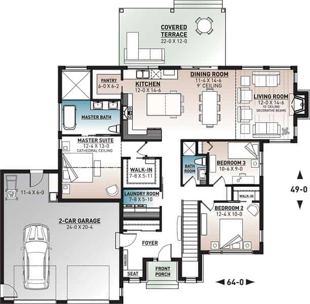 3间卧室的斯堪的纳维亚式住宅的主要楼层平面图，设有分开的卧室，2车位的车库和带顶棚的露台。来源:TheHouseDesigners.com