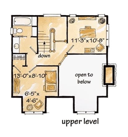 一个带有两间卧室的乡村住宅的二层平面图。