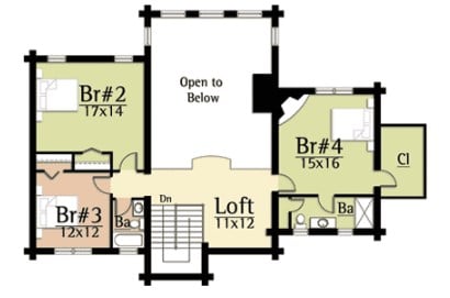一栋山地住宅的二层平面图，有三间卧室和一间阁楼，可以俯瞰下面的大房间。