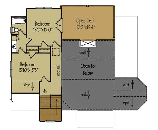 一栋山地住宅的二层平面图，有两间卧室和一个开放式平台。