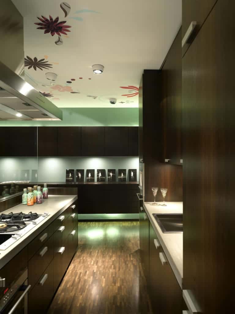 这间厨房拥有顶级的电器和白色的常规天花板，天花板上有迷人的花卉壁画。深色木材元素的橱柜和硬木地板贯穿整个房间。