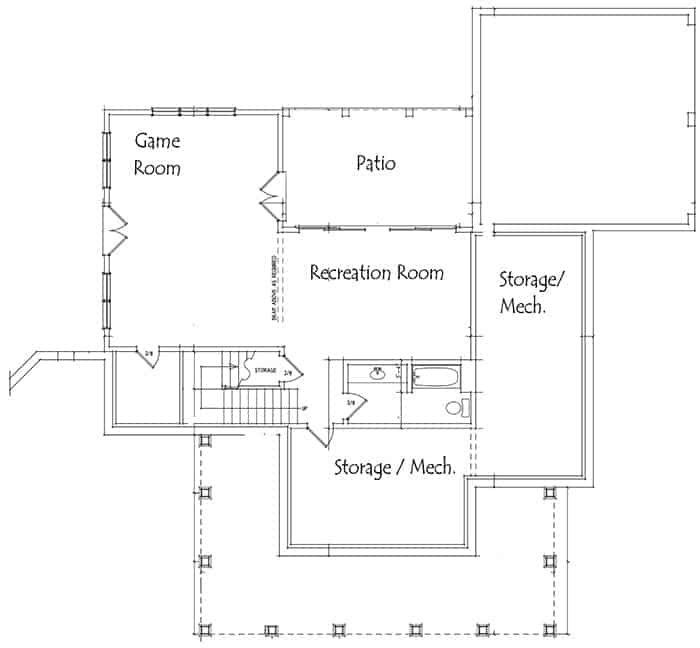 可选地下室平面图的2层农舍与娱乐室和存储区。