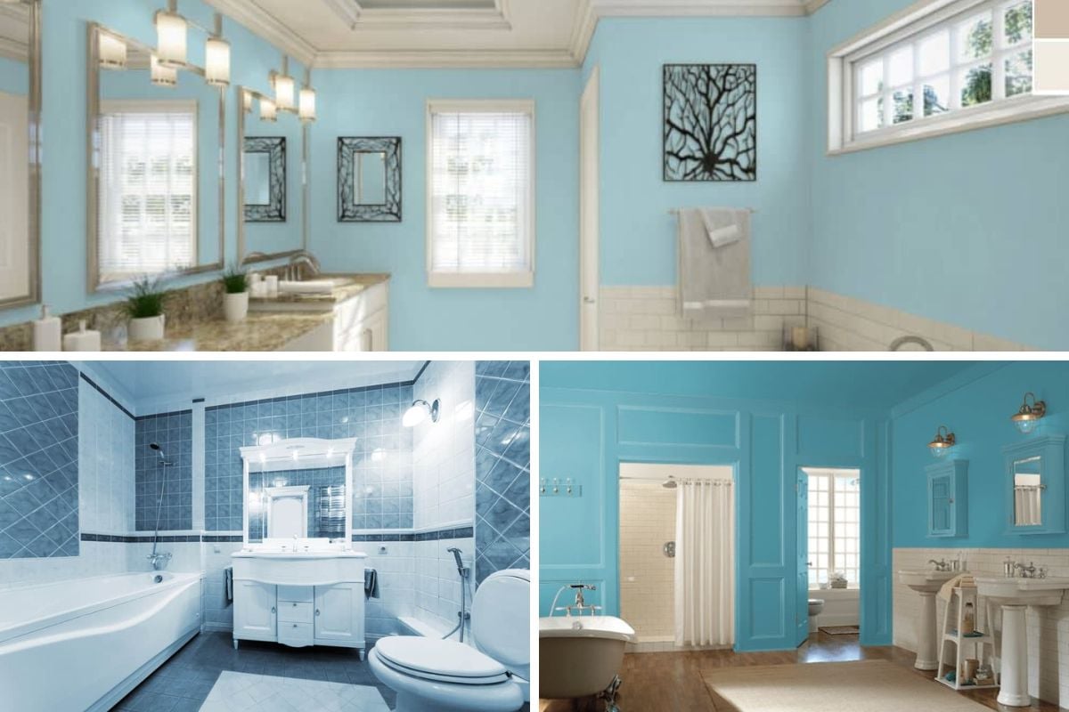 不同蓝色的浴室想法的照片拼贴。
