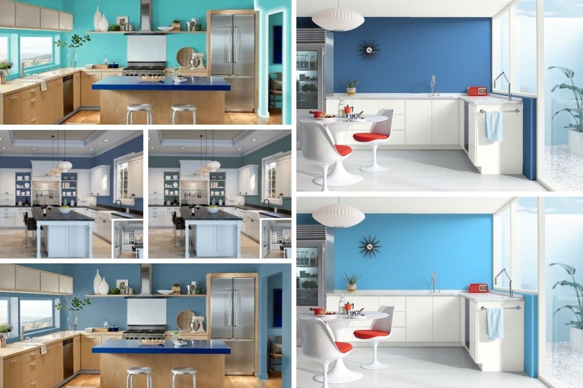 各种蓝色色调的厨房。