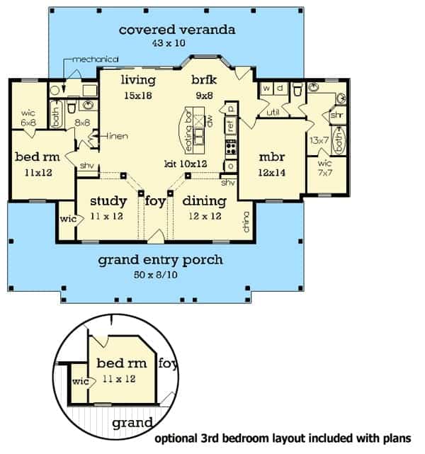单层住宅计划，可选的第三间卧室布局。