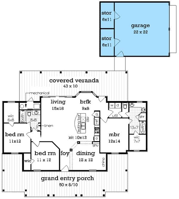 单层住宅平面图，可选车库。