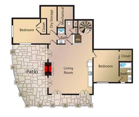 低层平面图通过螺旋楼梯或住宅电梯进入豪华客厅、卧室和娱乐区。
