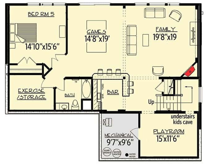二层Storybook住宅的低层平面图，有足够的空间容纳额外的卧室，家庭娱乐室，娱乐区和存储区。