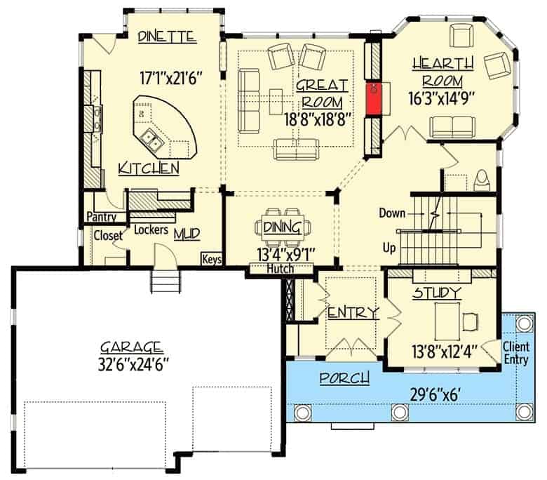 2层Storybook住宅的主要楼层平面图，具有开放式布局和带有独立入口的门廊，通往家庭办公室。
