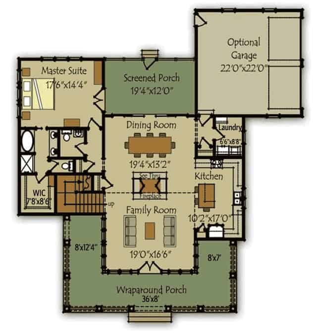 两层农舍的主要楼层平面图，开放式布局，主要套房可直接通往屏蔽门廊。