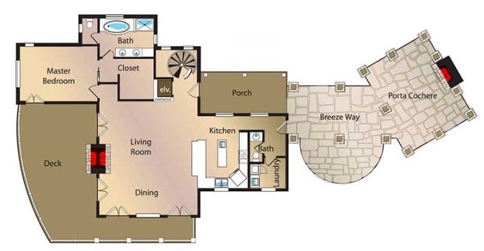 山区住宅的主平面平面图，为起居和用餐区以及充足的户外空间提供宽敞的开放式布局。