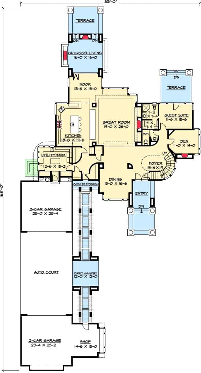 这是一栋两层现代住宅的主层平面图，带有一间大房间、一间客用套房和一间带壁炉的室外客厅。