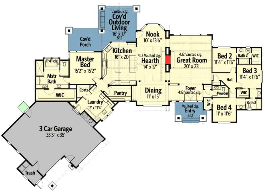 单层牧场住宅的平面图，有3间卧室，3个车库和流动的内部空间。