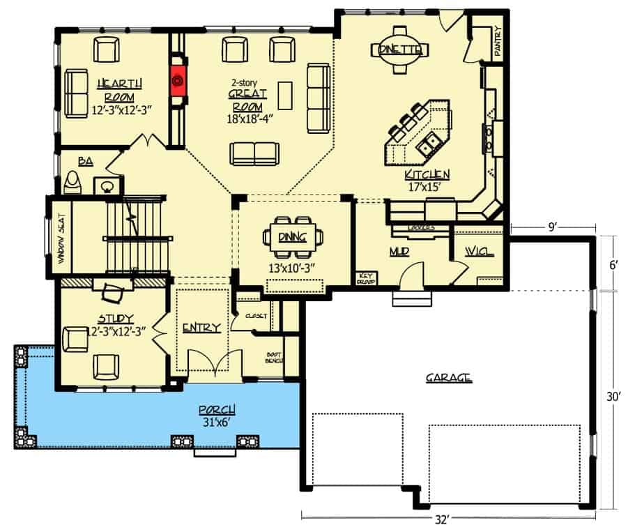 2层工匠住宅的主层平面图，开放式平面图连接大房间、用餐区和厨房。