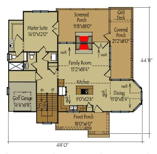 2层山间住宅的主要楼层平面图，开放式布局和可直接通往屏蔽门廊的主要套房。
