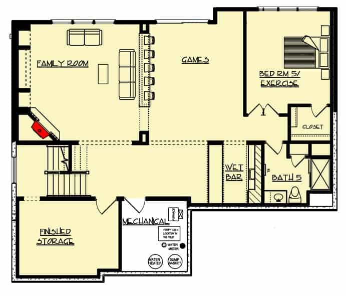 2层工匠住宅的可选完成的地下室平面图，包括家庭娱乐室，娱乐室，存储区，甚至还有一间额外的卧室。
