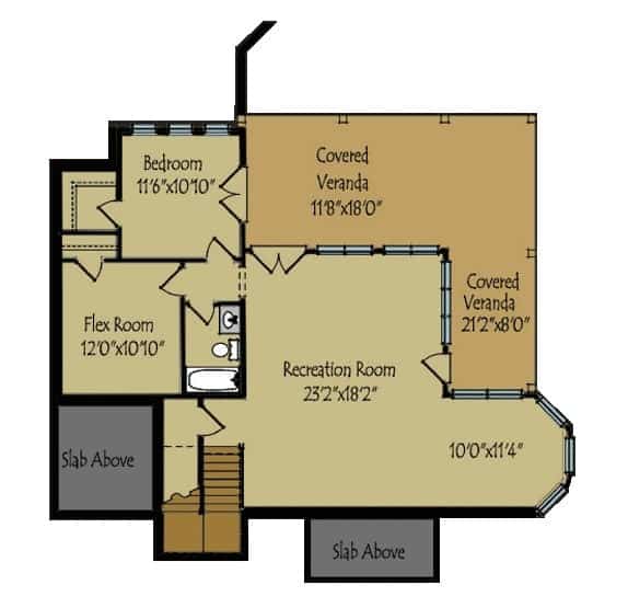 可选的2层山间住宅的地下室平面图，设有额外的卧室和足够的空间用于娱乐室，家庭健身房，甚至有顶棚的阳台。