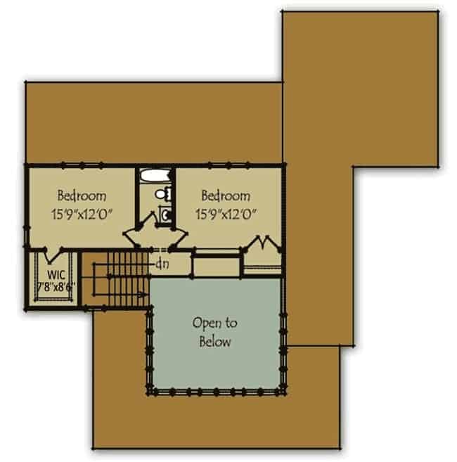 农舍的二层平面图，这一层有两间卧室。
