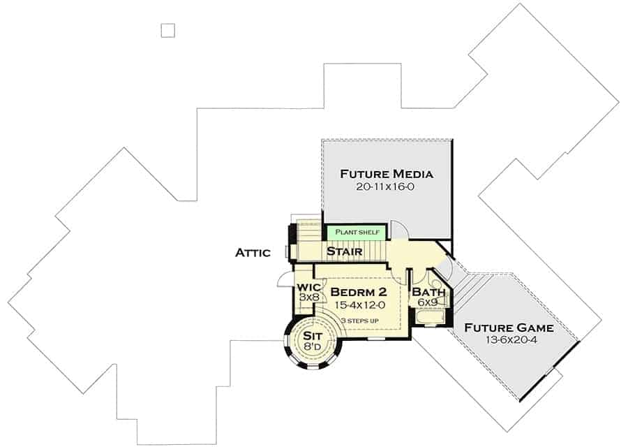 法国别墅的二层平面图，带有卧室和套间浴室，娱乐室和阁楼。