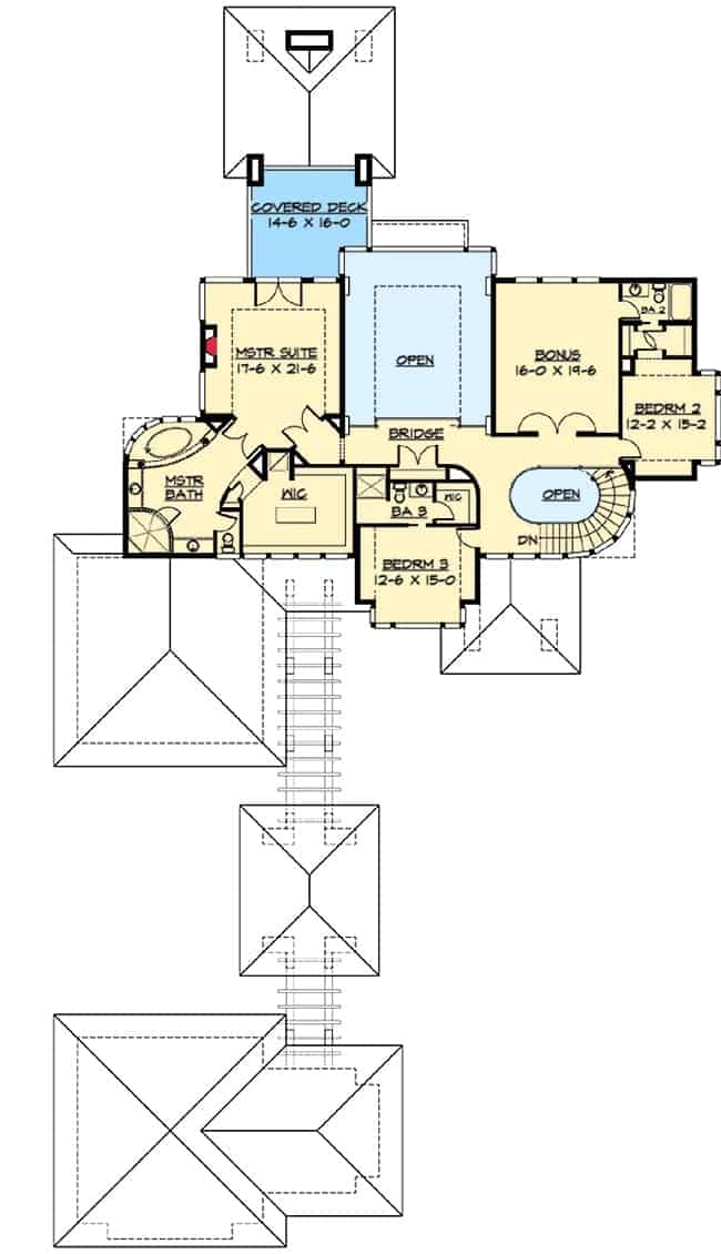 二层的平面图有两间卧室，一间带独立露台的主套房和一间可通往共享浴室的巨大额外房间。