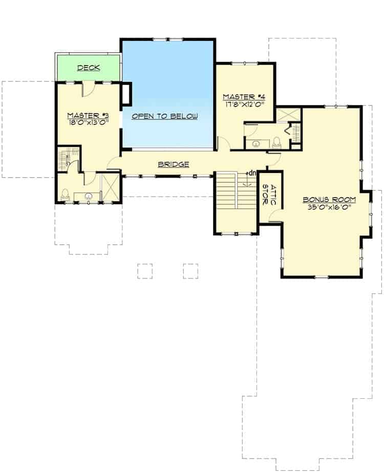 二层平面图有两个主要套房和一个巨大的奖励房间。