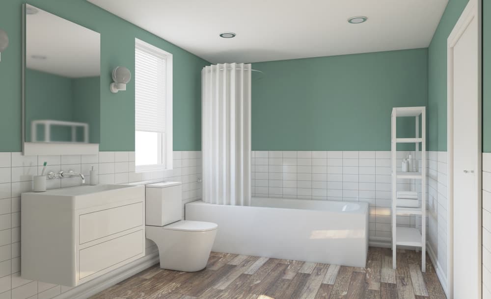 一个漂亮而简单的主浴室，上面的墙壁颜色柔和。