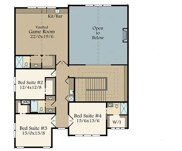 这是二层平面图，展示了大卧室套房，大游戏室和室内阳台。