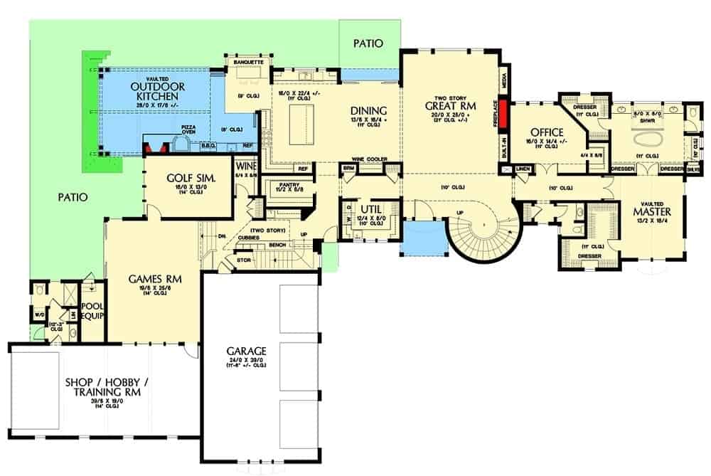 这个主要的楼层平面图展示了房子的不同大的部分，提供生活方式和舒适。