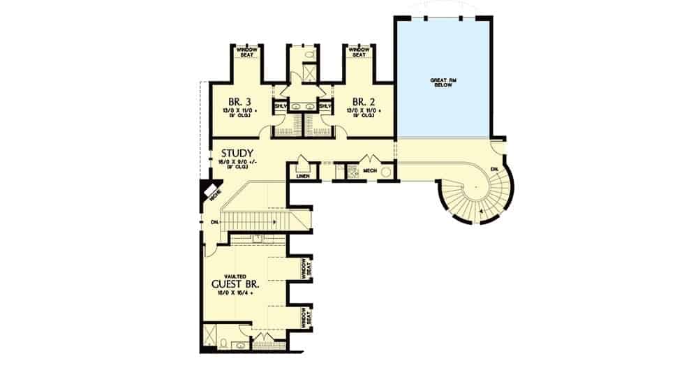 这是房子的第二层平面图，有卧室和一个大房间上方的室内阳台的大开放空间。