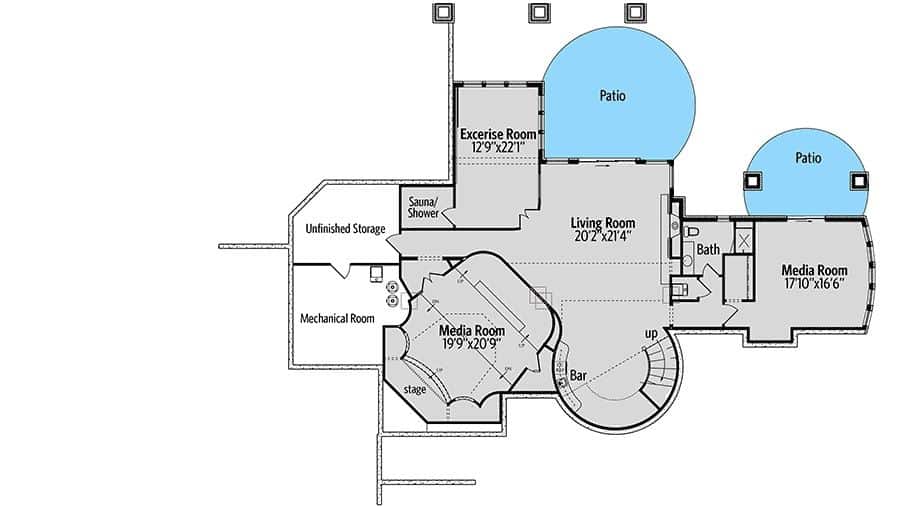 这是可选的低层平面图，有很多空间，可以设置几个媒体室、一个客厅和一个健身房。