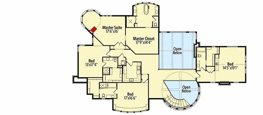 二层的平面图主要用于卧室和主套房，其中有几个室内阳台的开放区域。