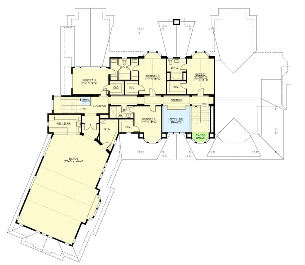 这栋五卧两层住宅的二层平面图，有一个带湿酒吧的大奖励房间。