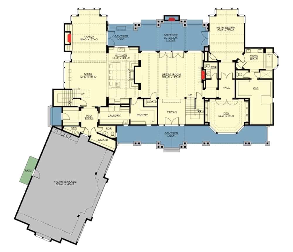 这个5卧室两层住宅的主要楼层平面图，设有大型室外覆盖区域和中间的大房间。