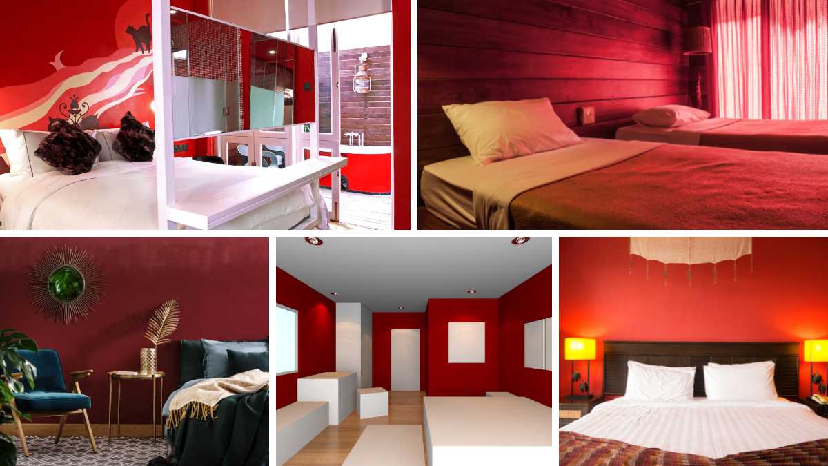 照片拼贴不同类型的红色油漆客房。