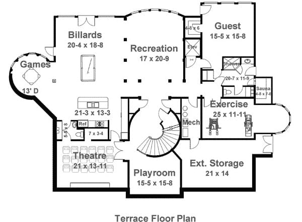 地下室平面图与游戏室、家庭影院、锻炼的房间,客房,台球和娱乐室,游戏,和一个小酒吧。