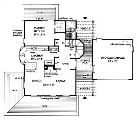 3间卧室的两层Penny住宅的主要楼层平面图，带有客厅，用餐区，带小吃店的厨房，洗衣房，主要套房，两车车库，以及两侧有凉棚的入口平台。
