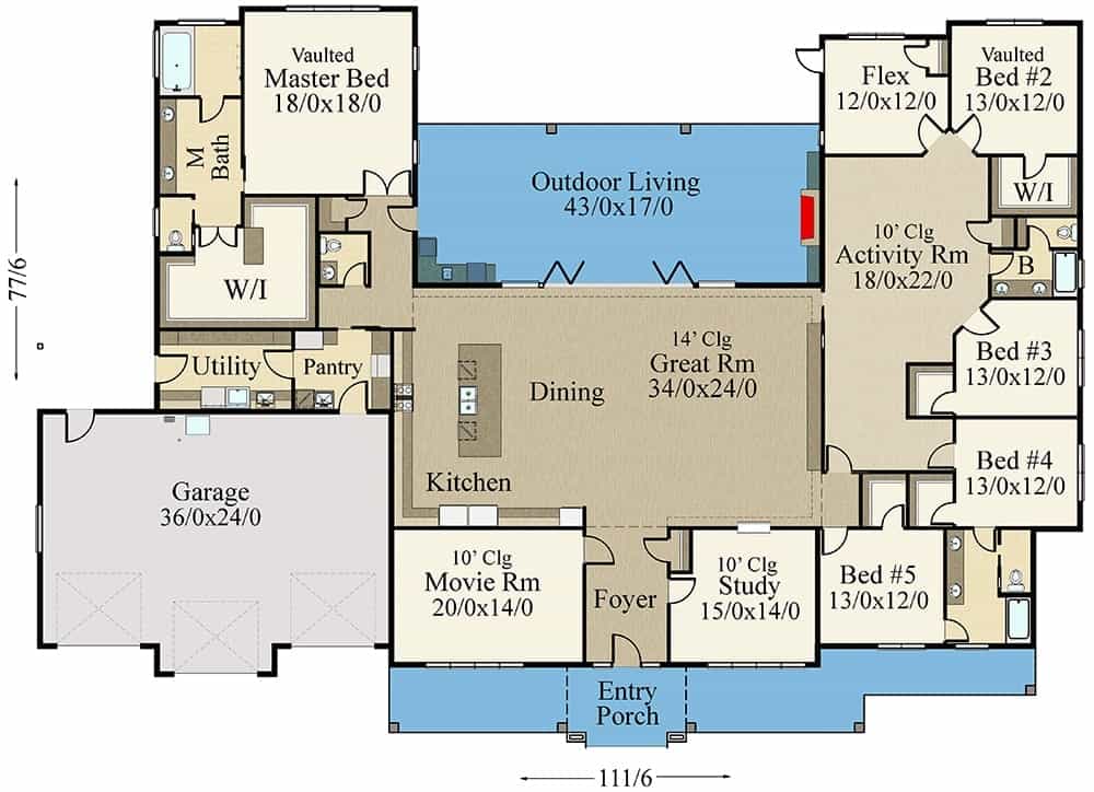 一个单层6卧室的现代谷仓住宅的整个平面图，带有电影室，书房，统一的大房间，用餐区，厨房，户外生活，主要套房和由四间卧室包裹的活动室。