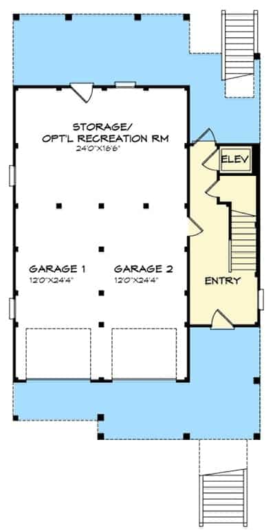 低层平面图，设有2车位的车库和储藏室或可选的娱乐室。
